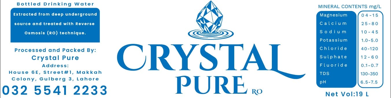 Crystal Pure 19 litre bottle label showing mineral contents, address and phone number