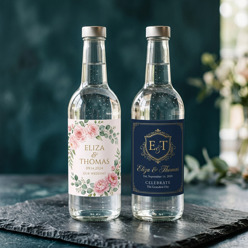 Two water bottles with custom wedding labels